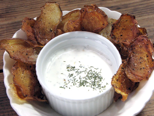 Baked Salt and Pepper Potato Chips with Garlic Dill Yogurt