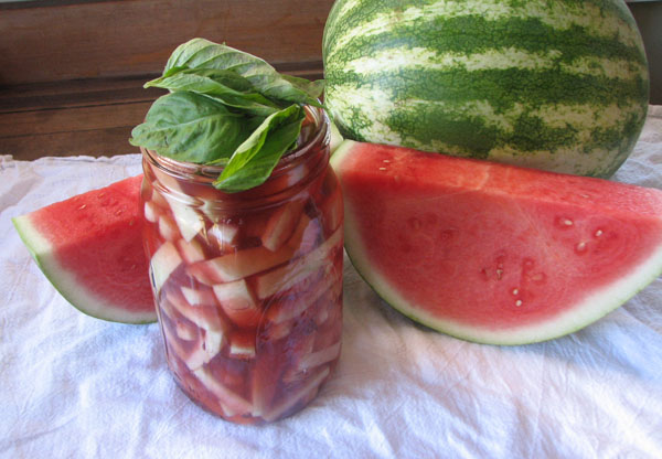 Red Wine Pickled Watermelon Rind with Fresh Basil